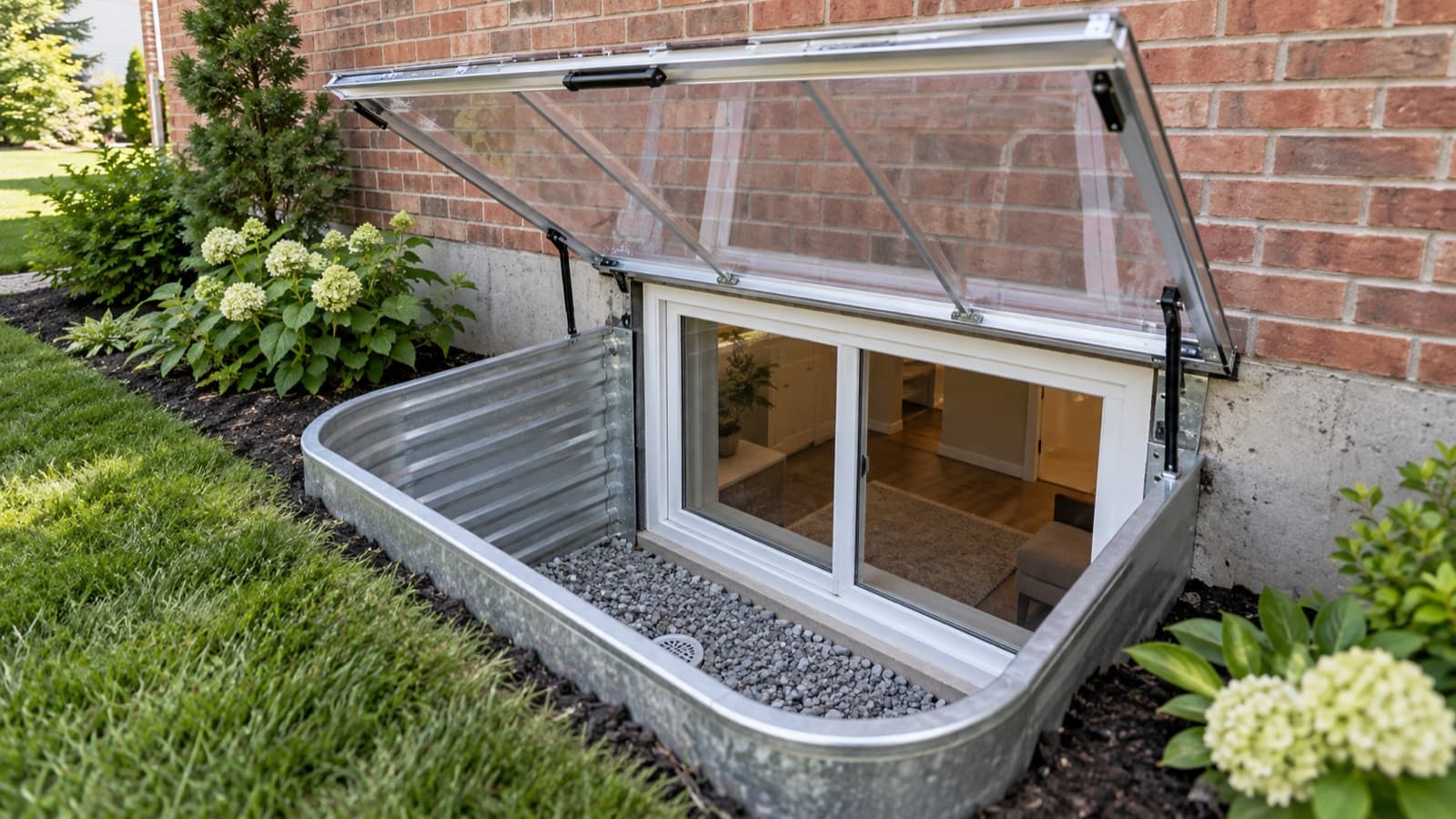 Illustration of a basement window with an exterior window well.