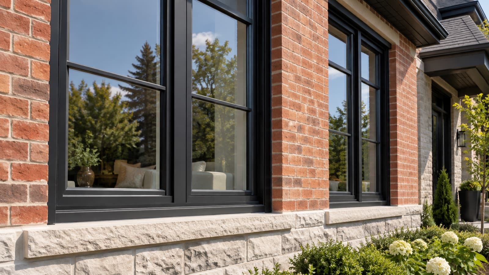 Illustration of black window frames against a brick facade.