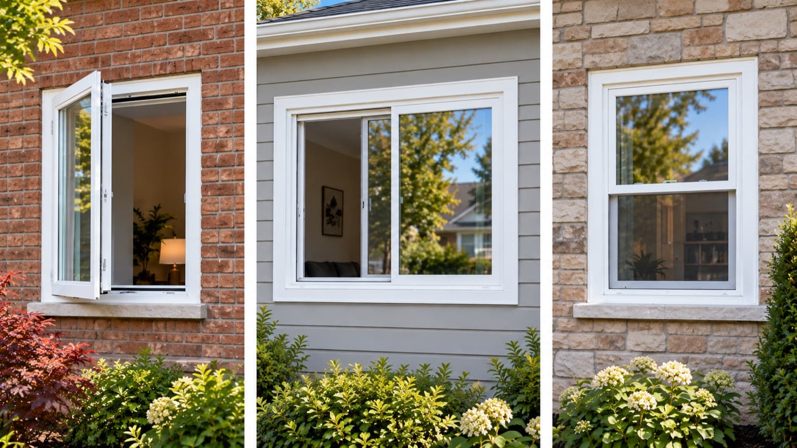 Illustration comparing casement, sliding and hung windows.