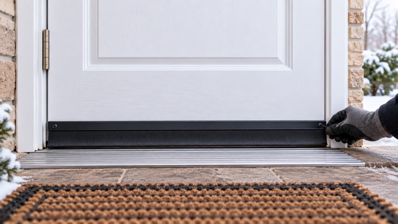 Illustration of a door sweep and weatherstripping at a threshold.