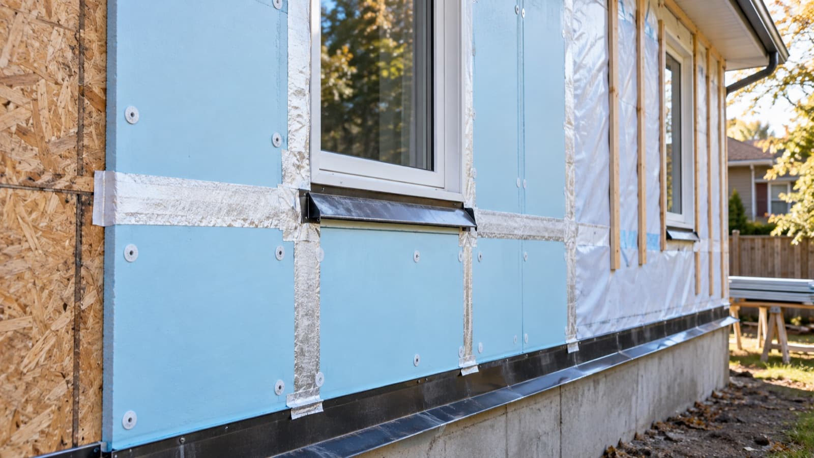 Illustration of exterior insulation and house wrap before siding.