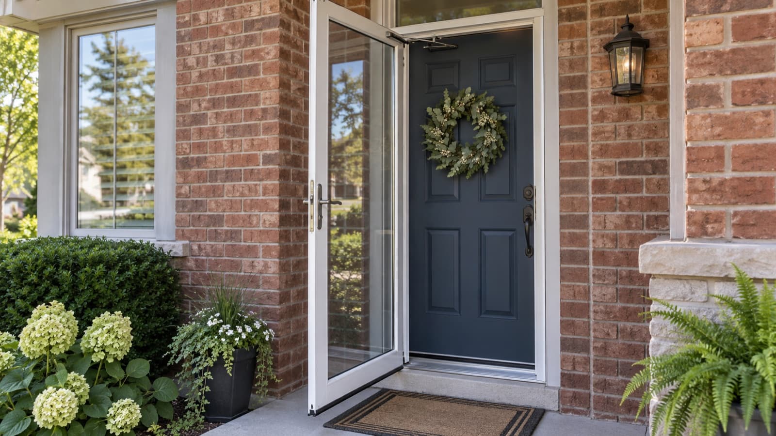 Illustration of a full-view storm door outside an entry door.