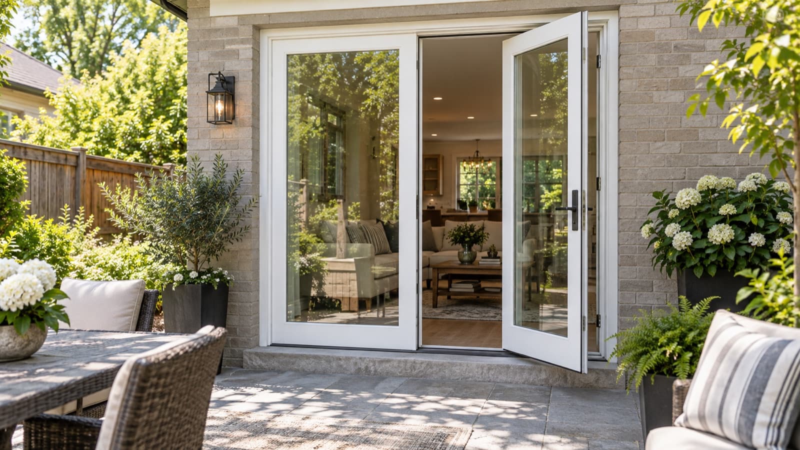 Illustration of a garden door beside a fixed glass panel.