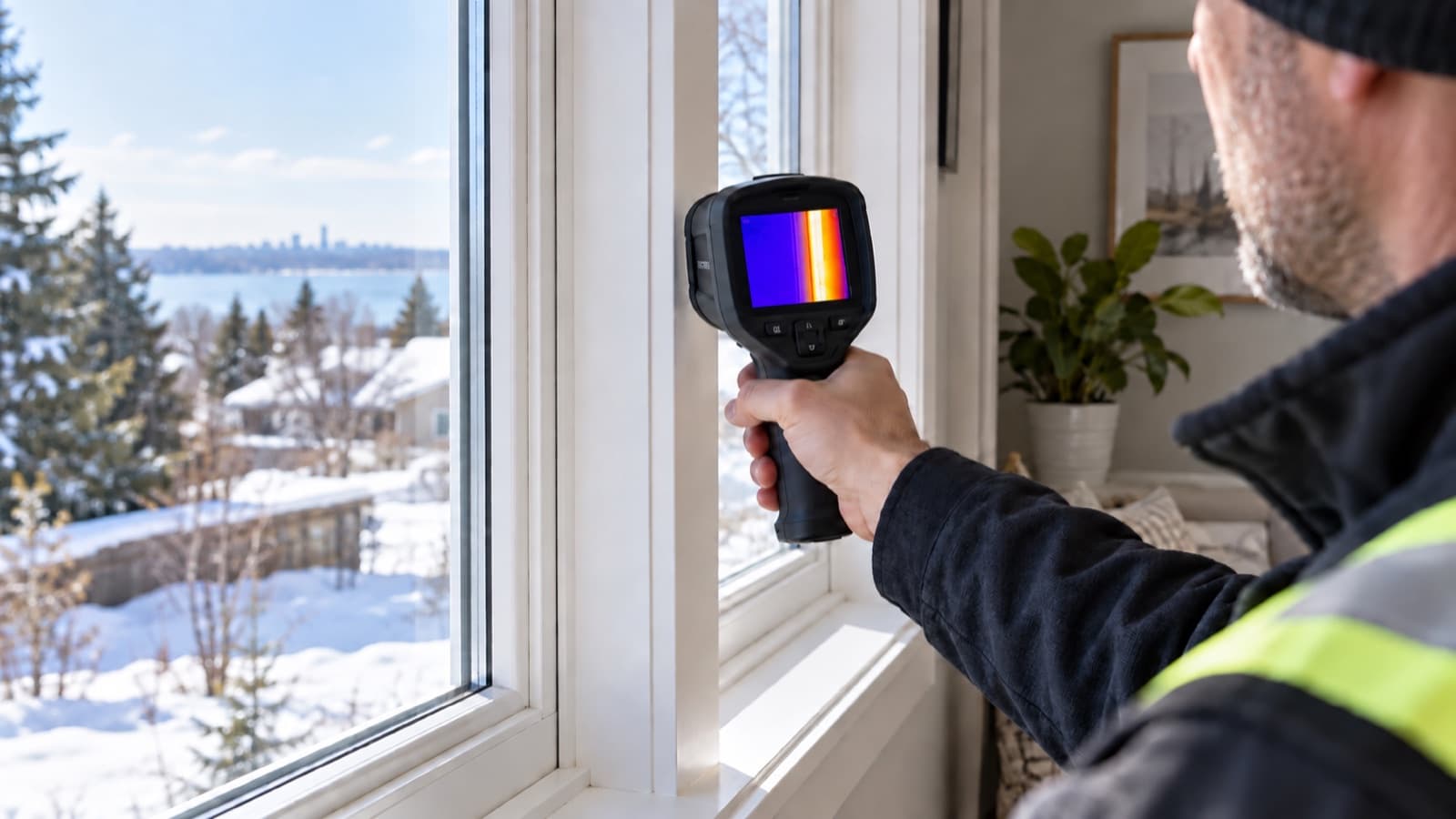 Illustration of a home energy assessment at a window.
