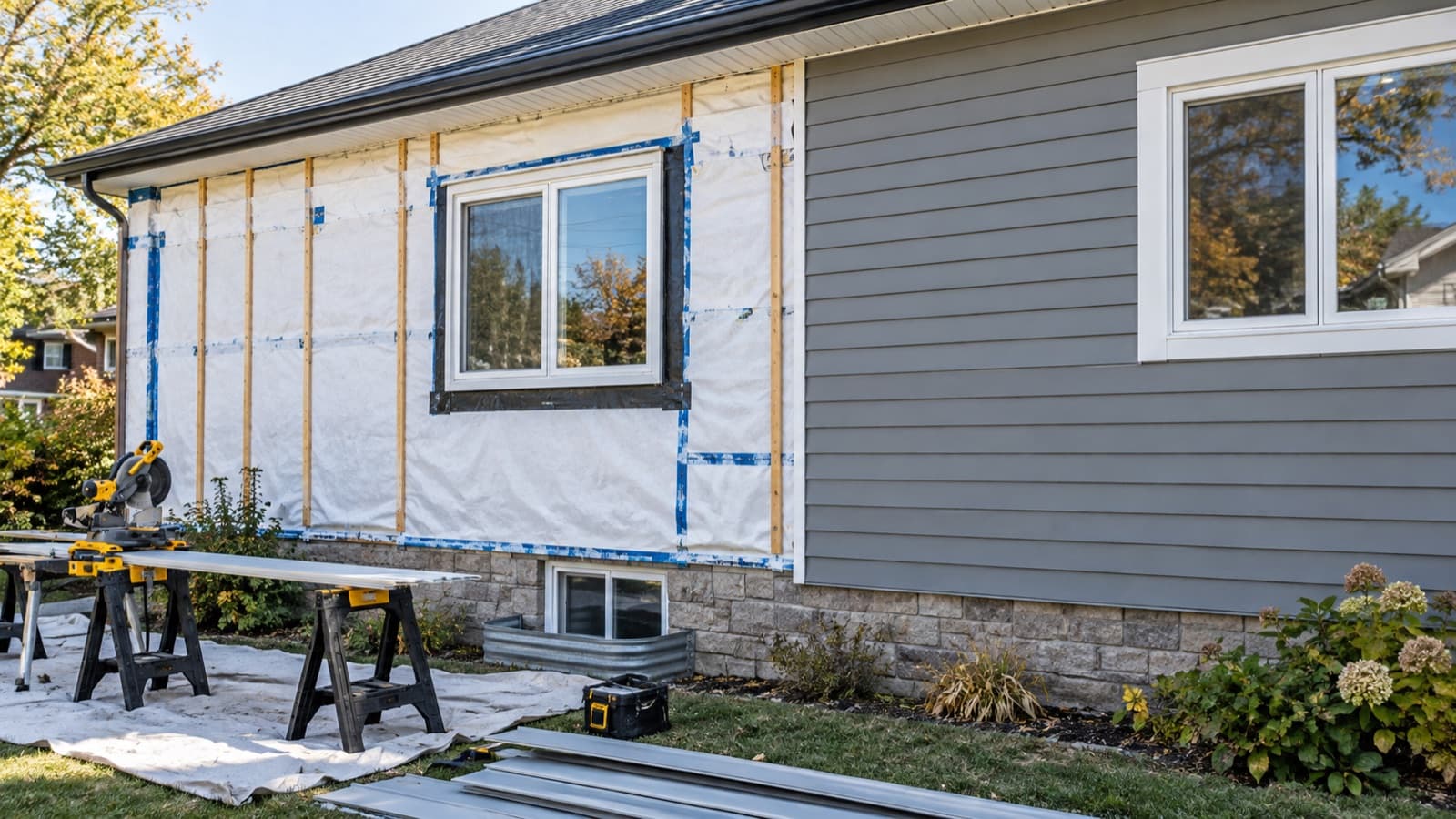 Illustration of siding removal and replacement stages.