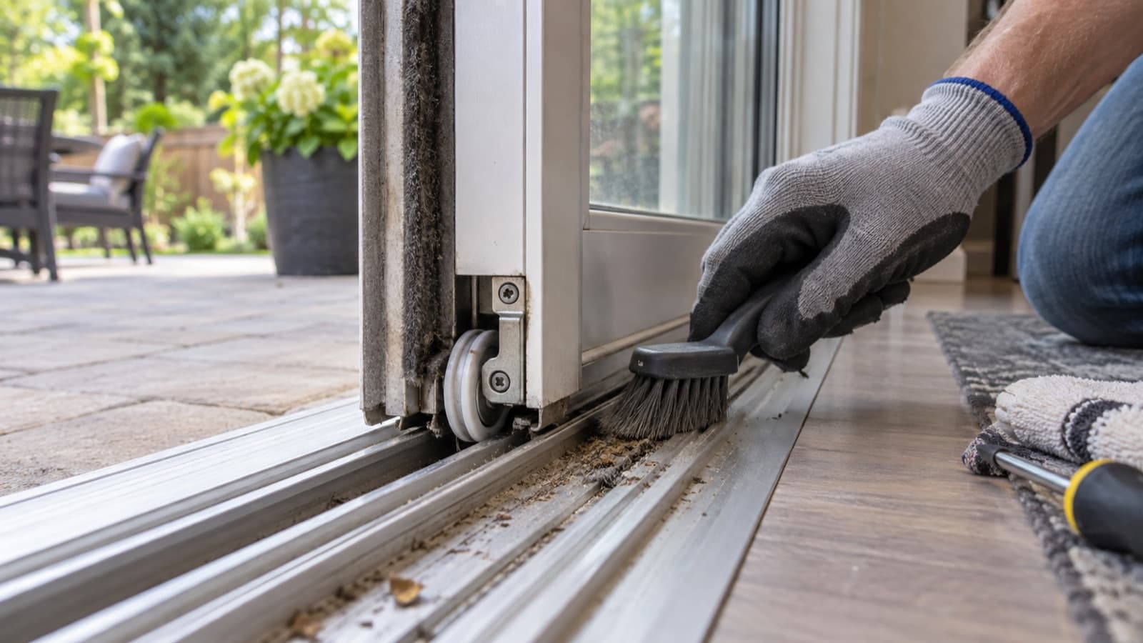 Illustration of sliding patio door track maintenance.