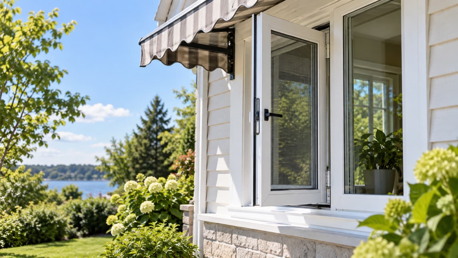 Illustration of a window screen and awning in summer.