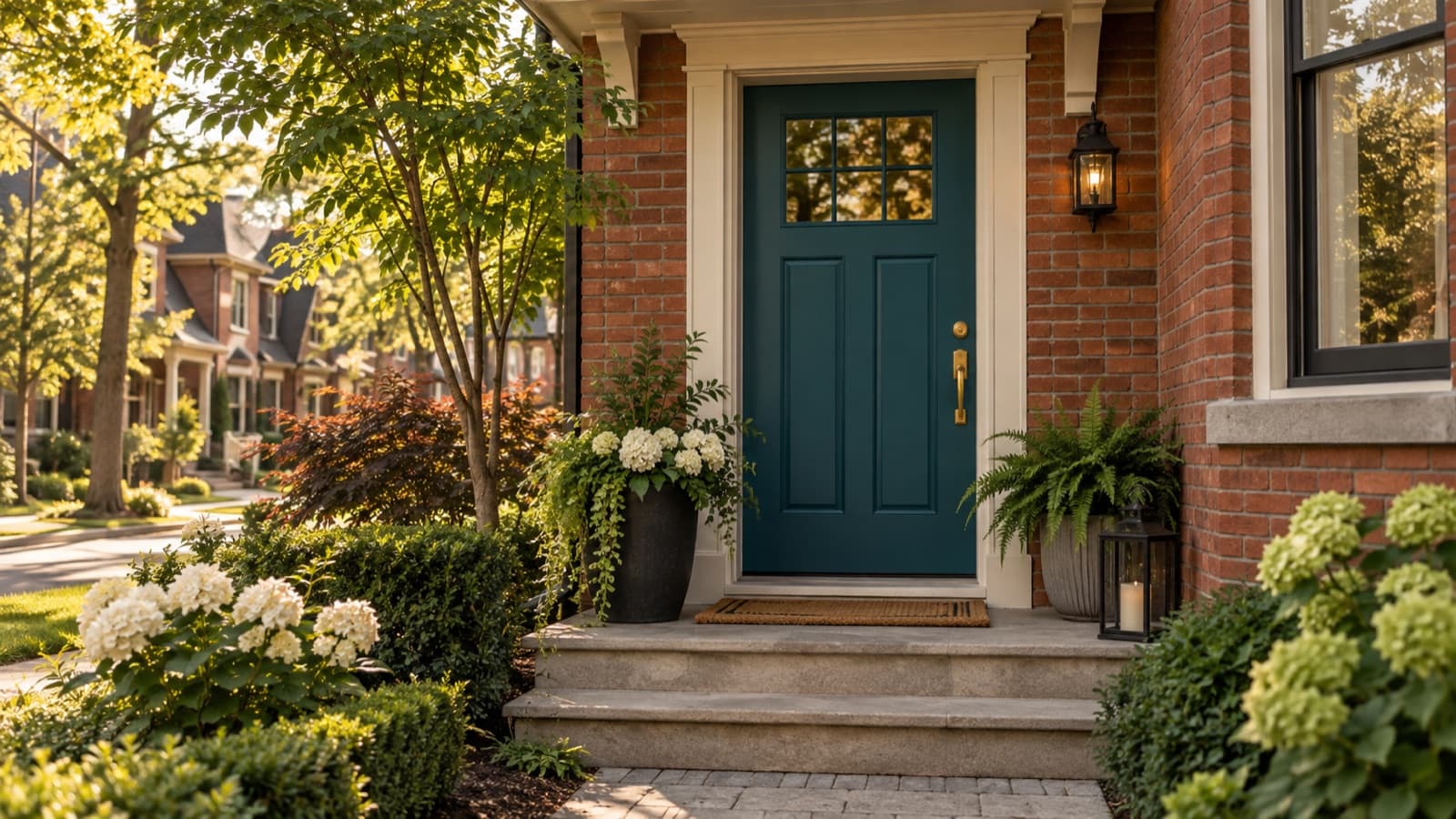Illustration of a teal entry door in a brick facade.