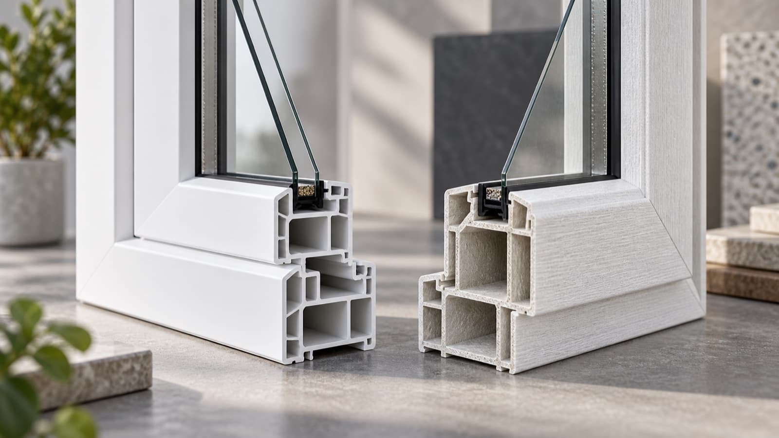 Illustration of vinyl and fibreglass window frame samples.