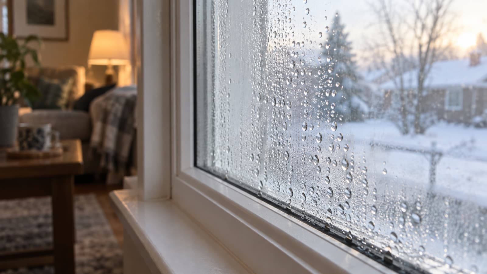 Illustration of moisture droplets on the inside of a window.