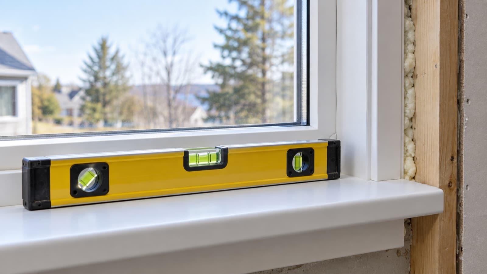 Illustration of checking a window frame with a level during installation.