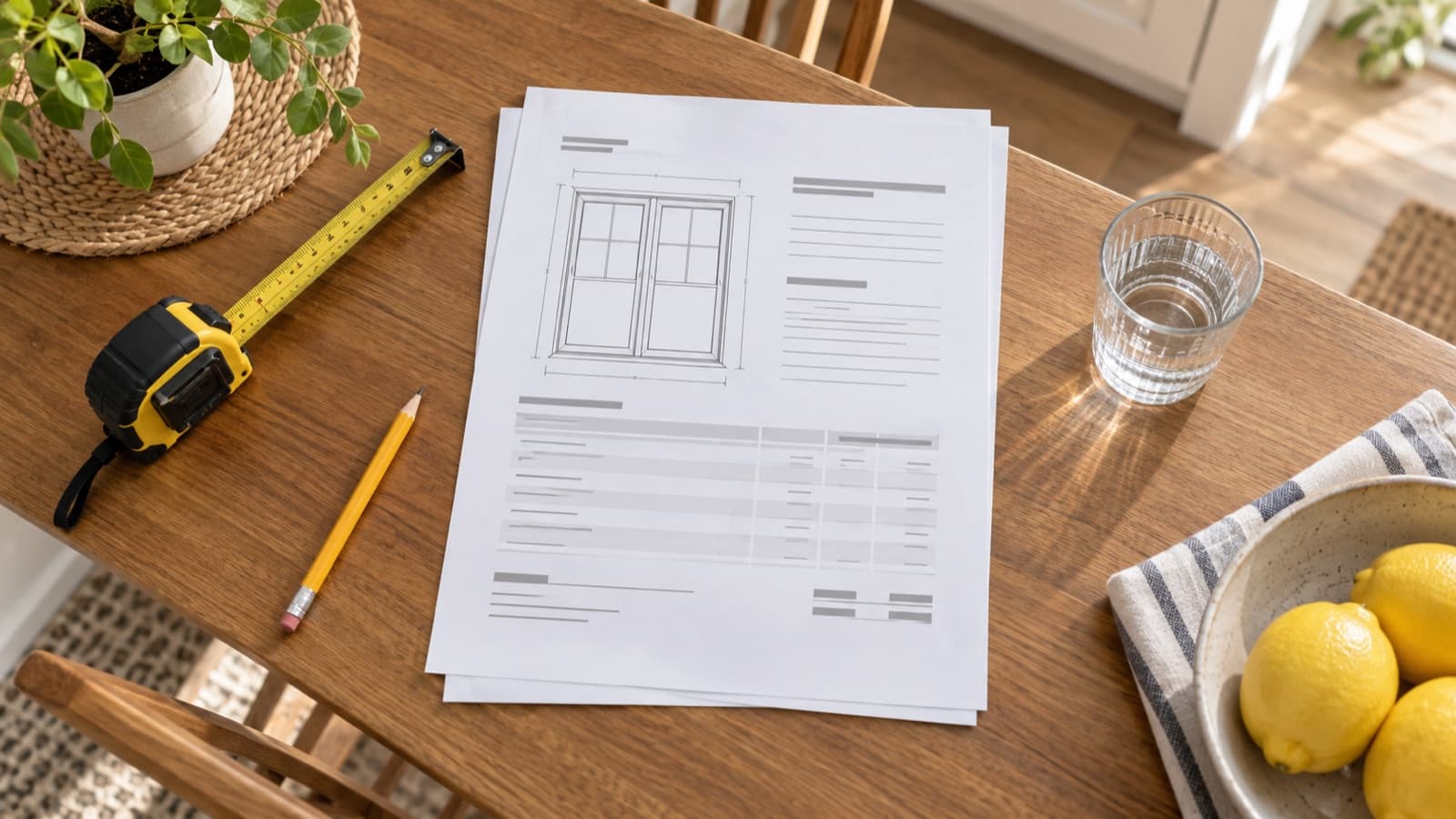 Illustration of a window quote beside samples and a measuring tape.