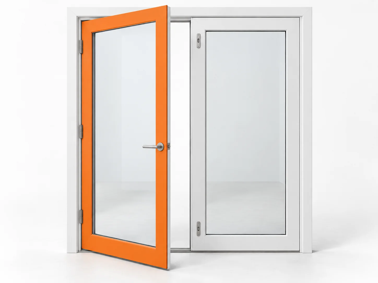 Double-door assembly with the partly open active leaf frame highlighted orange and the inactive leaf closed.