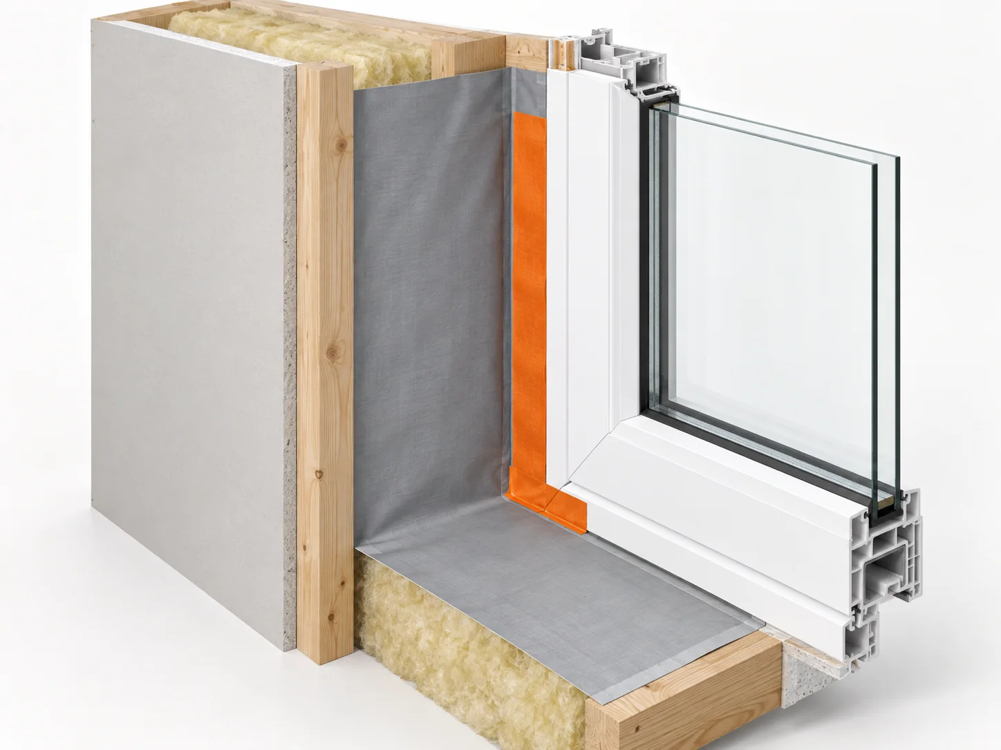 Wall-to-window junction with the membrane-to-frame sealing tape highlighted orange.