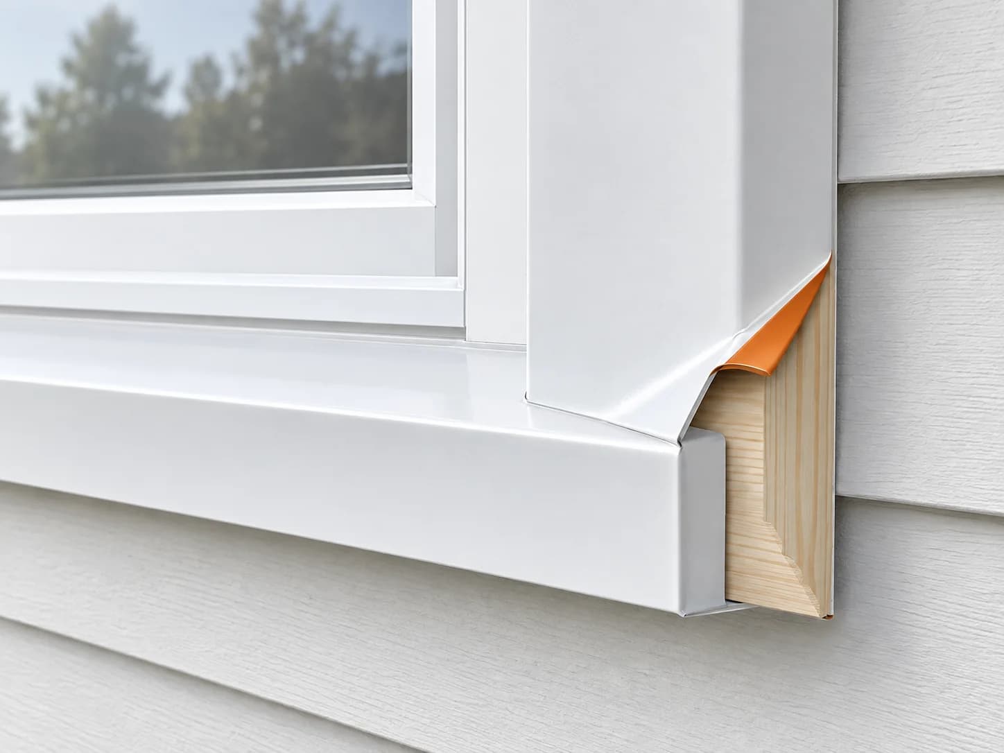 Window trim corner with a section of folded aluminium capping highlighted orange over the wood beneath.