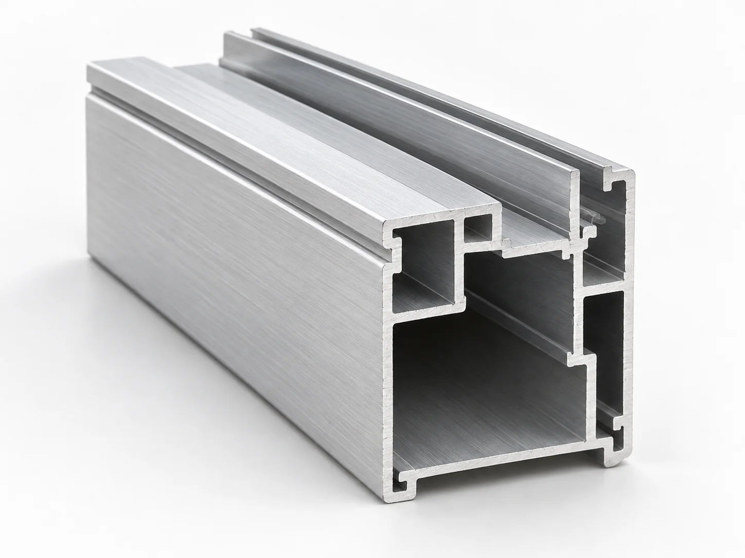 Silver aluminium frame extrusion showing thin-walled hollow channels at its cut end.