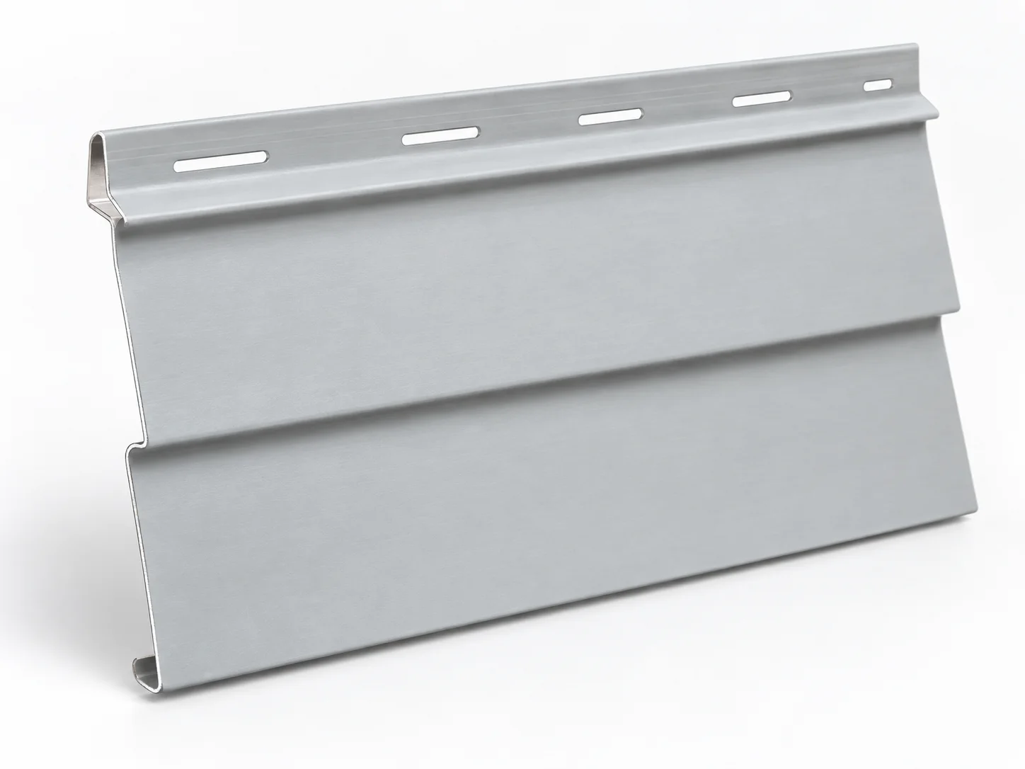Formed aluminium siding sample with an exposed thin silver metal edge.