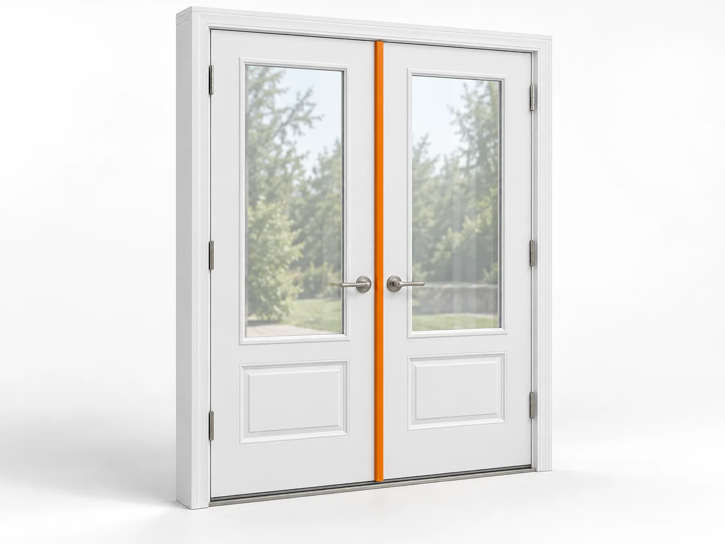 Pair of doors with the full-height astragal strip at their central meeting edge highlighted orange.