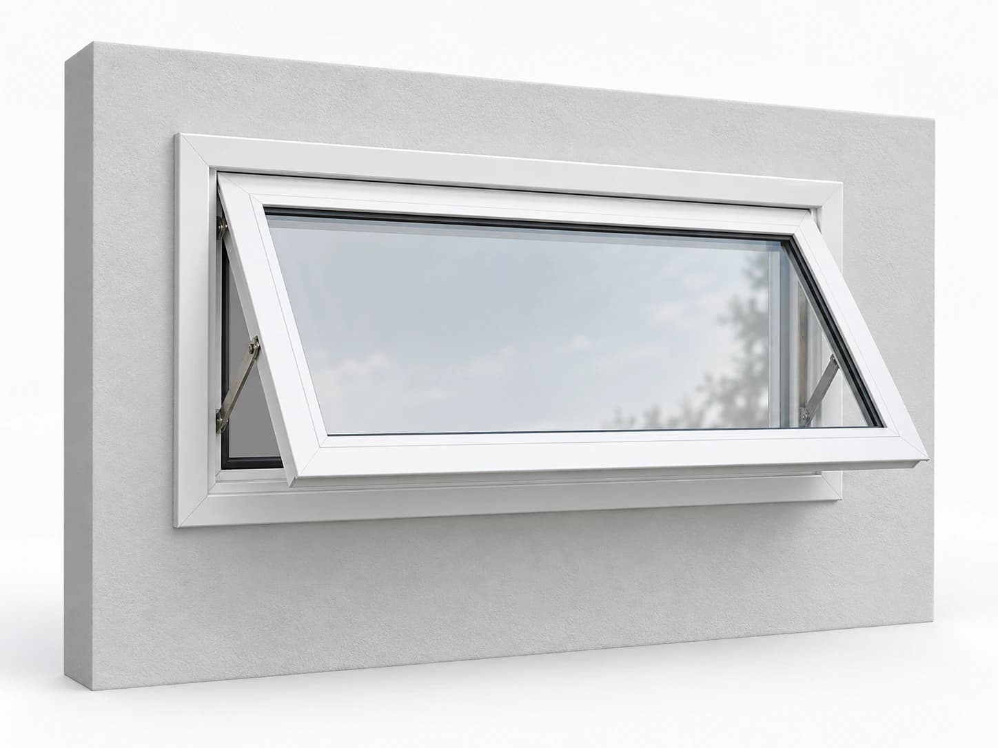 Illustration of a top-hinged awning window with its bottom edge opening outward.