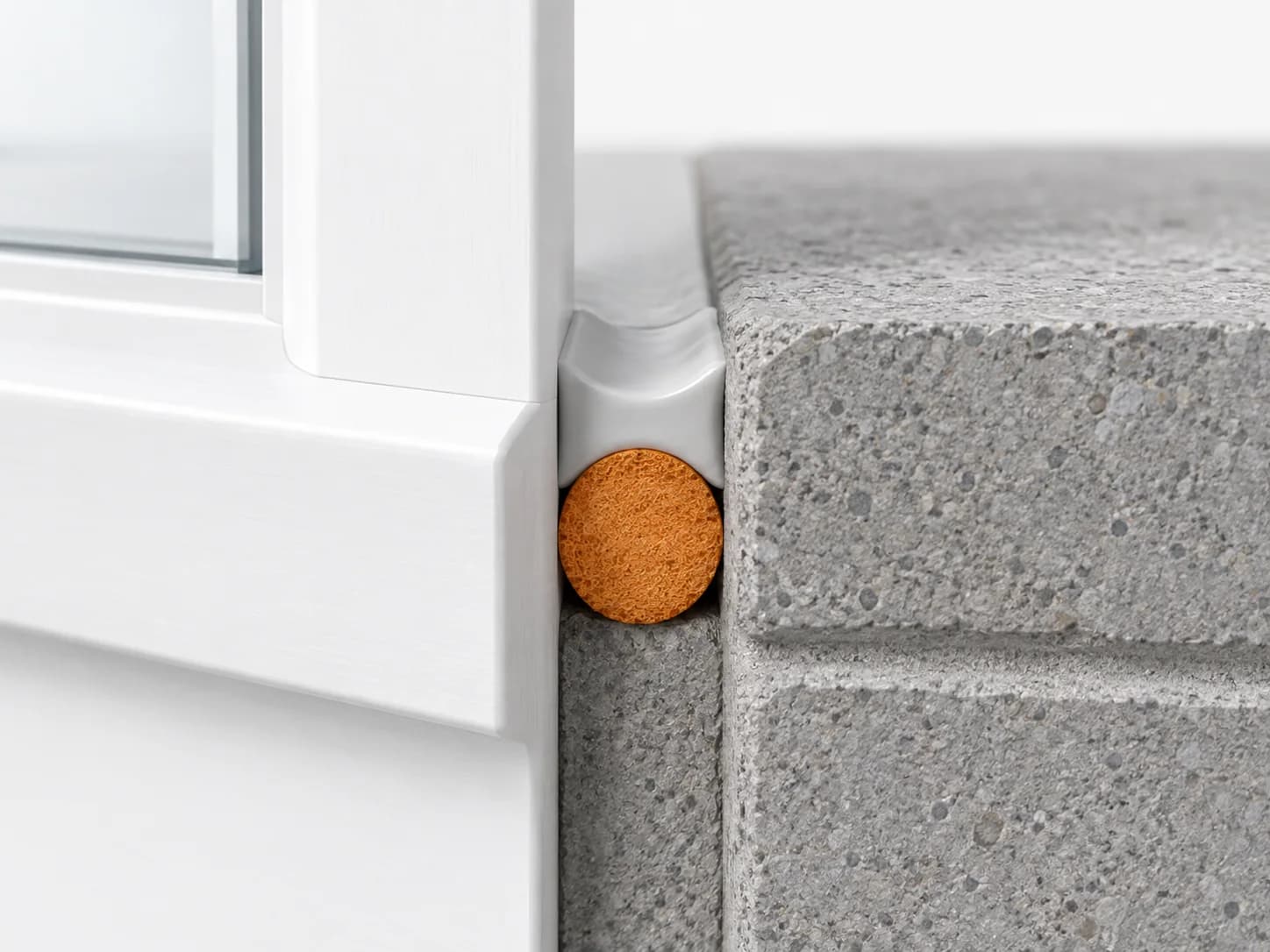 Trim-to-masonry joint cutaway with the round foam backer rod highlighted orange beneath a sealant bead.