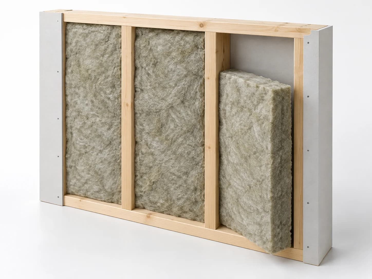 Timber stud cavities filled with rectangular fibrous insulation batts, one partly withdrawn.