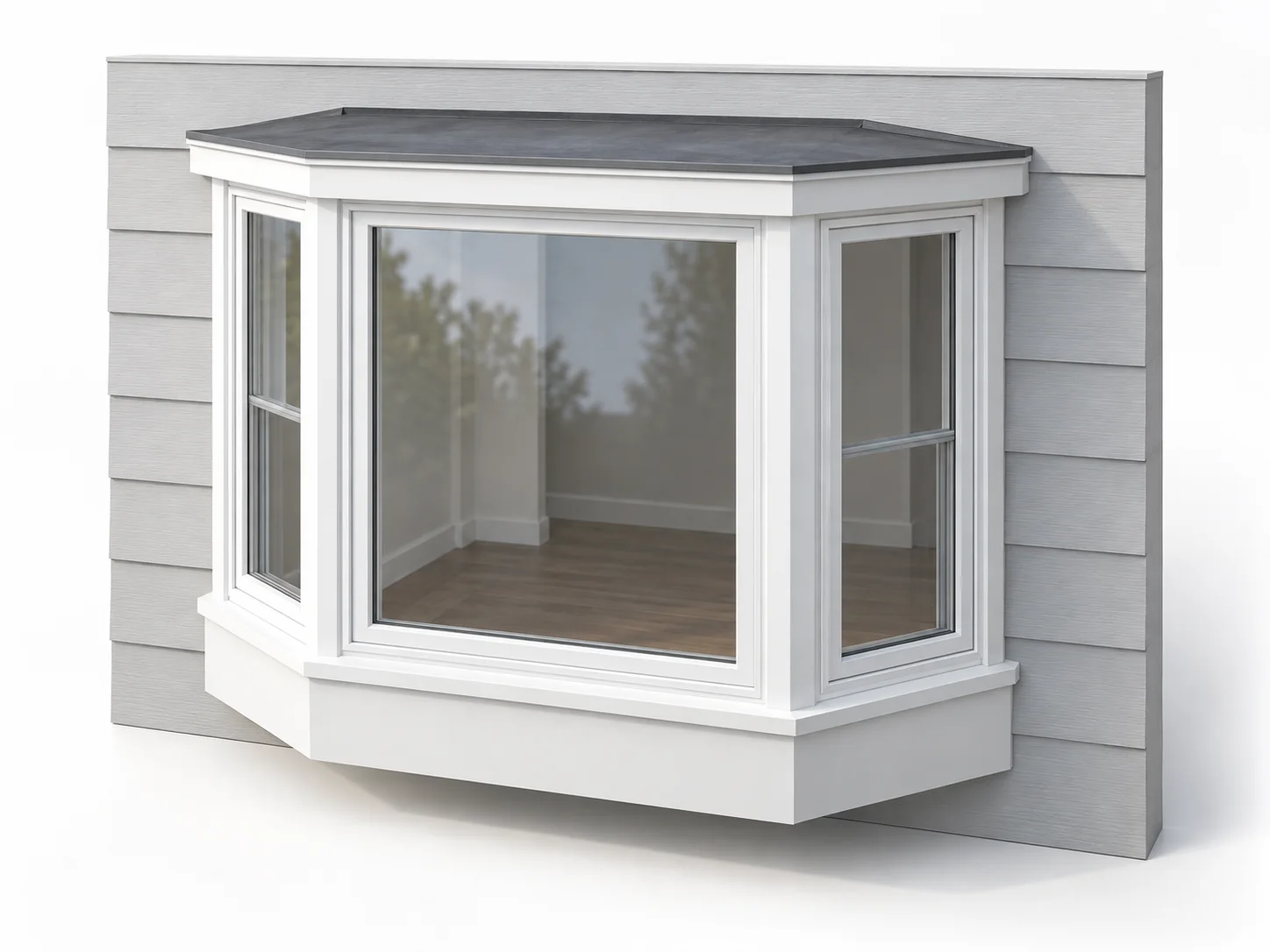 Illustration of a projecting bay window with one broad central window and two angled side windows.