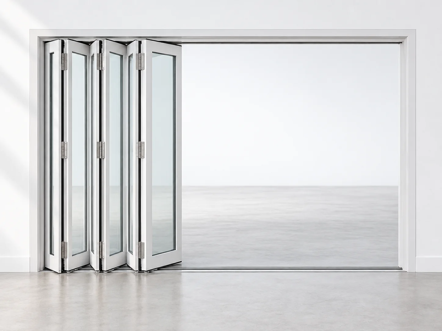Glazed door leaves folded into an accordion stack at one side of a wide opening.