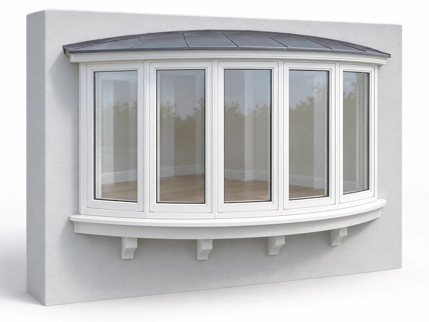 Illustration of five equal-width window units forming the gentle outward curve of a bow window.