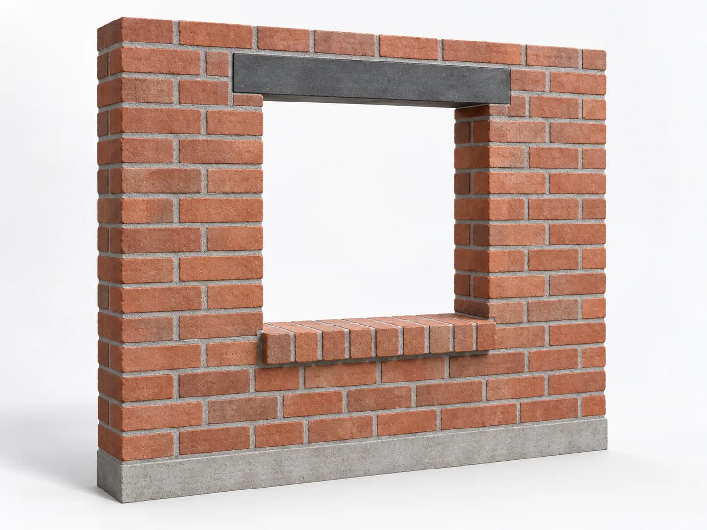 Empty rectangular opening in a brick wall with masonry returns and a lintel above.