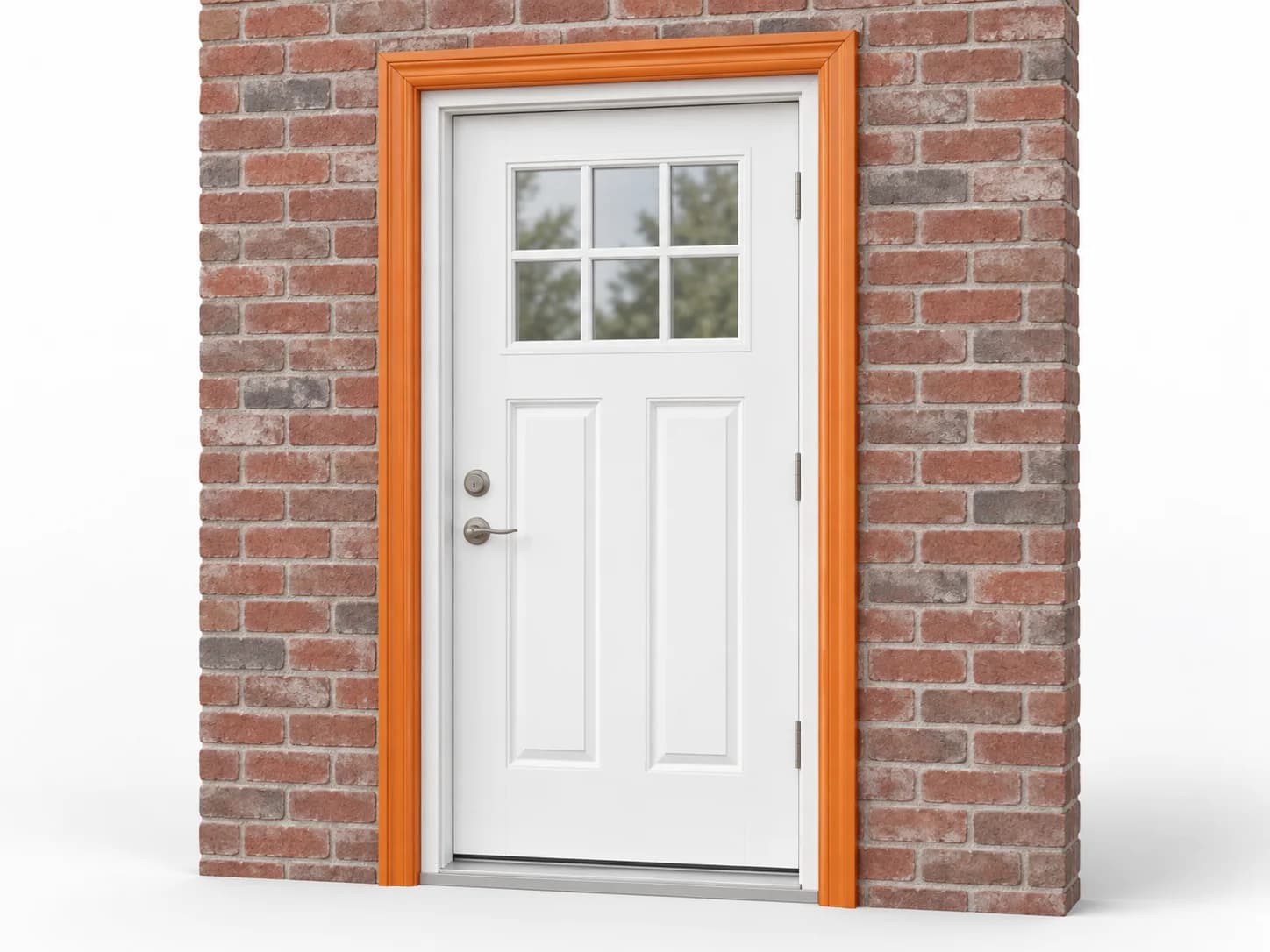 Door in a brick opening with its shaped exterior brickmould trim highlighted orange.