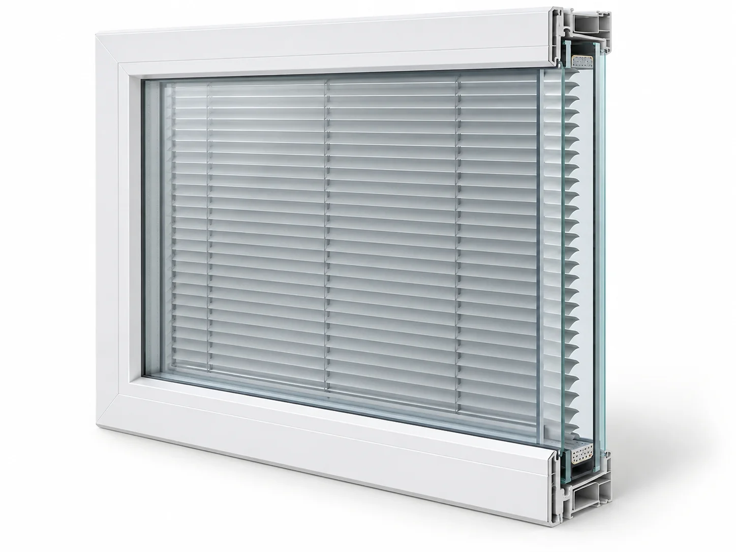Insulated window glazing with miniature Venetian blinds enclosed between the glass panes.