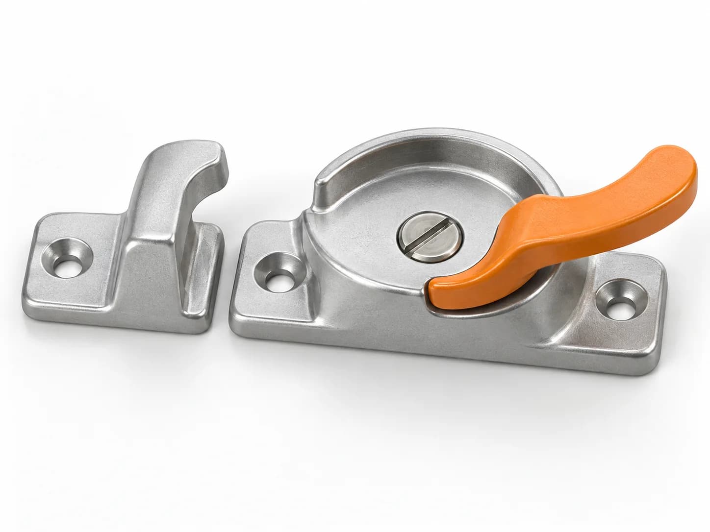 Standalone metal sash cam lock and keeper, with the rotating thumb lever highlighted orange.