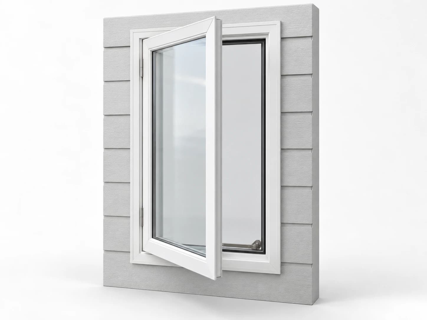 Illustration of a white casement window opening outward on side hinges.