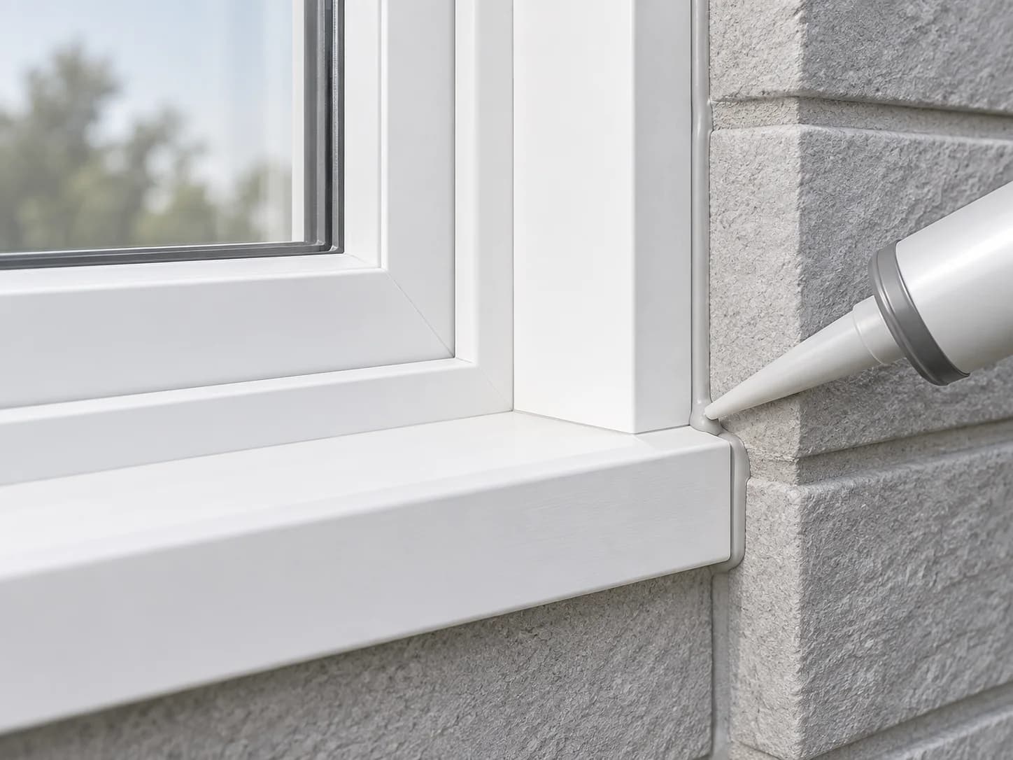 Narrow sealant bead joining exterior window trim to masonry, with a nozzle at the joint.
