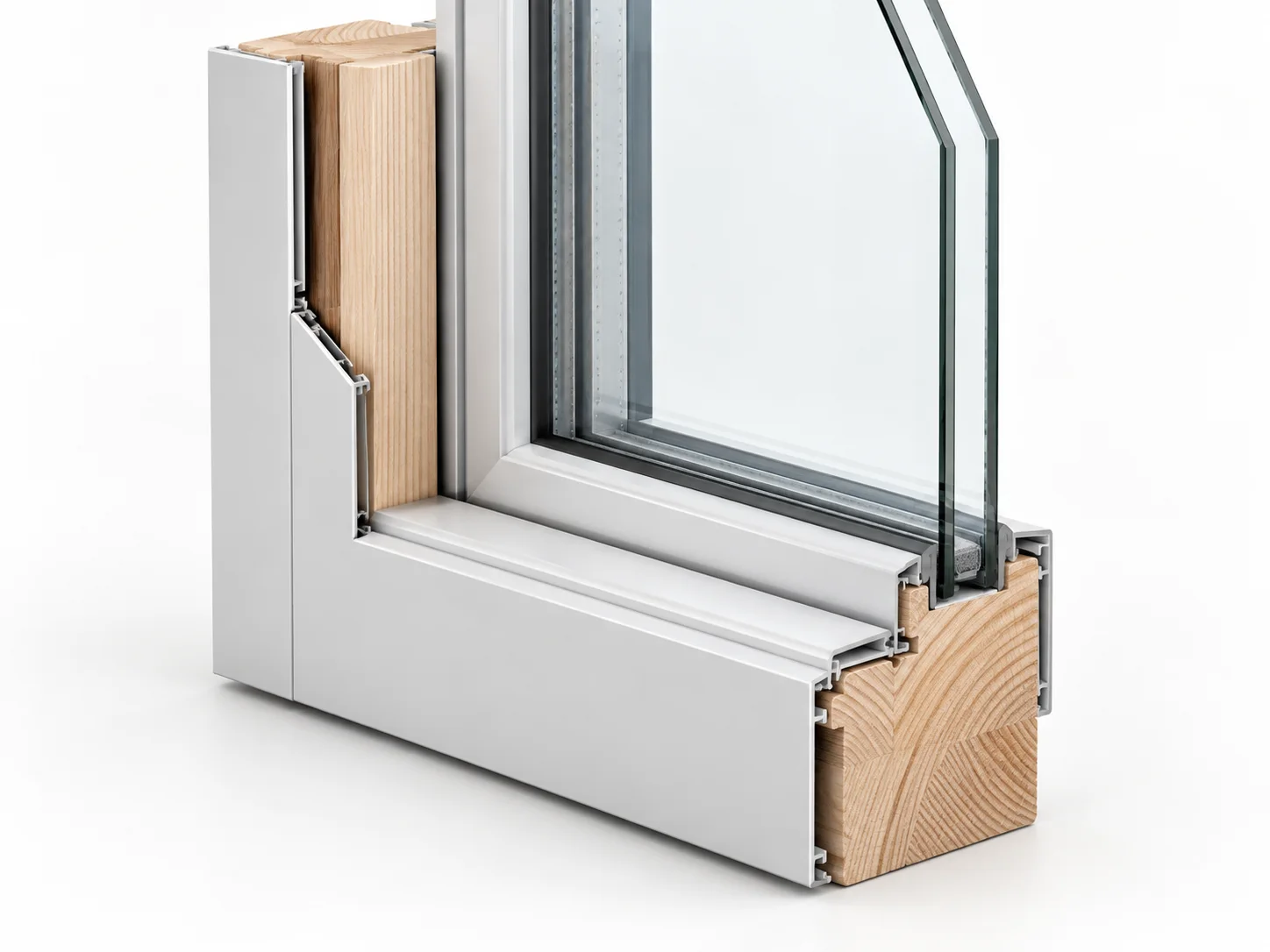Wood window-frame cutaway revealing the timber core beneath a thin protective exterior metal skin.