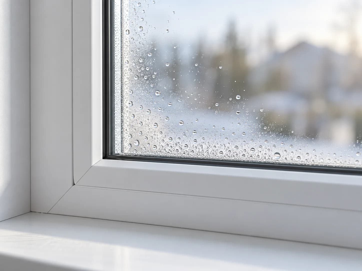 Close-up of small water droplets on the room-side surface of window glass.