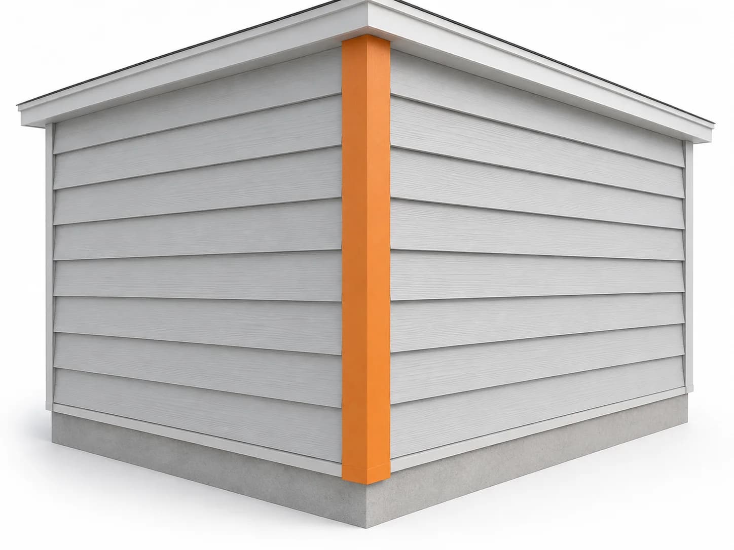 Siding on two adjoining walls meeting at an outside corner post highlighted orange.