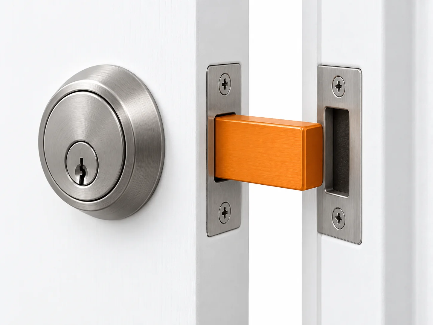 Door-edge detail with an extended solid deadbolt highlighted orange beside its strike opening.