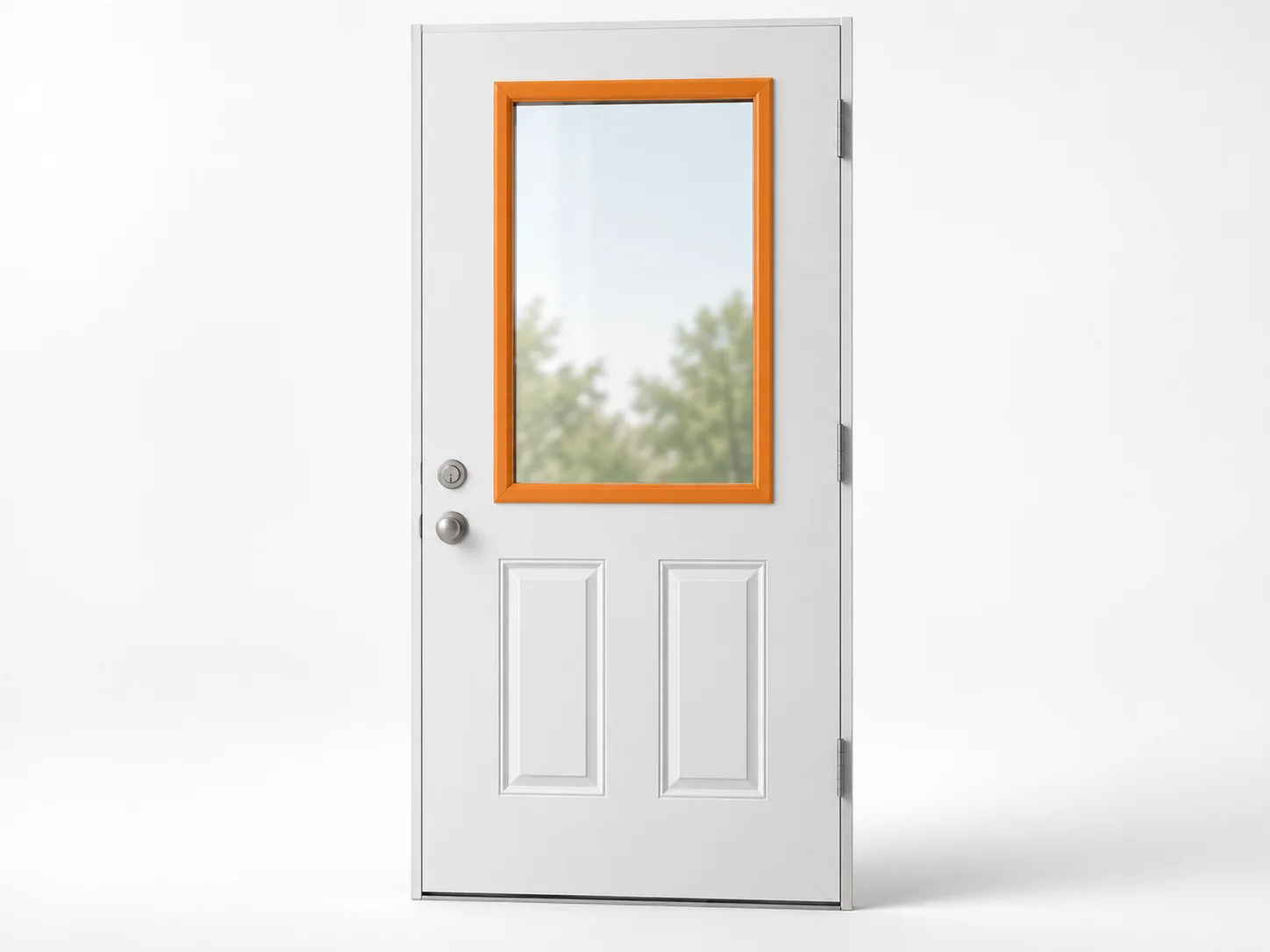 White door slab with the surround of its upper glazed insert highlighted orange.