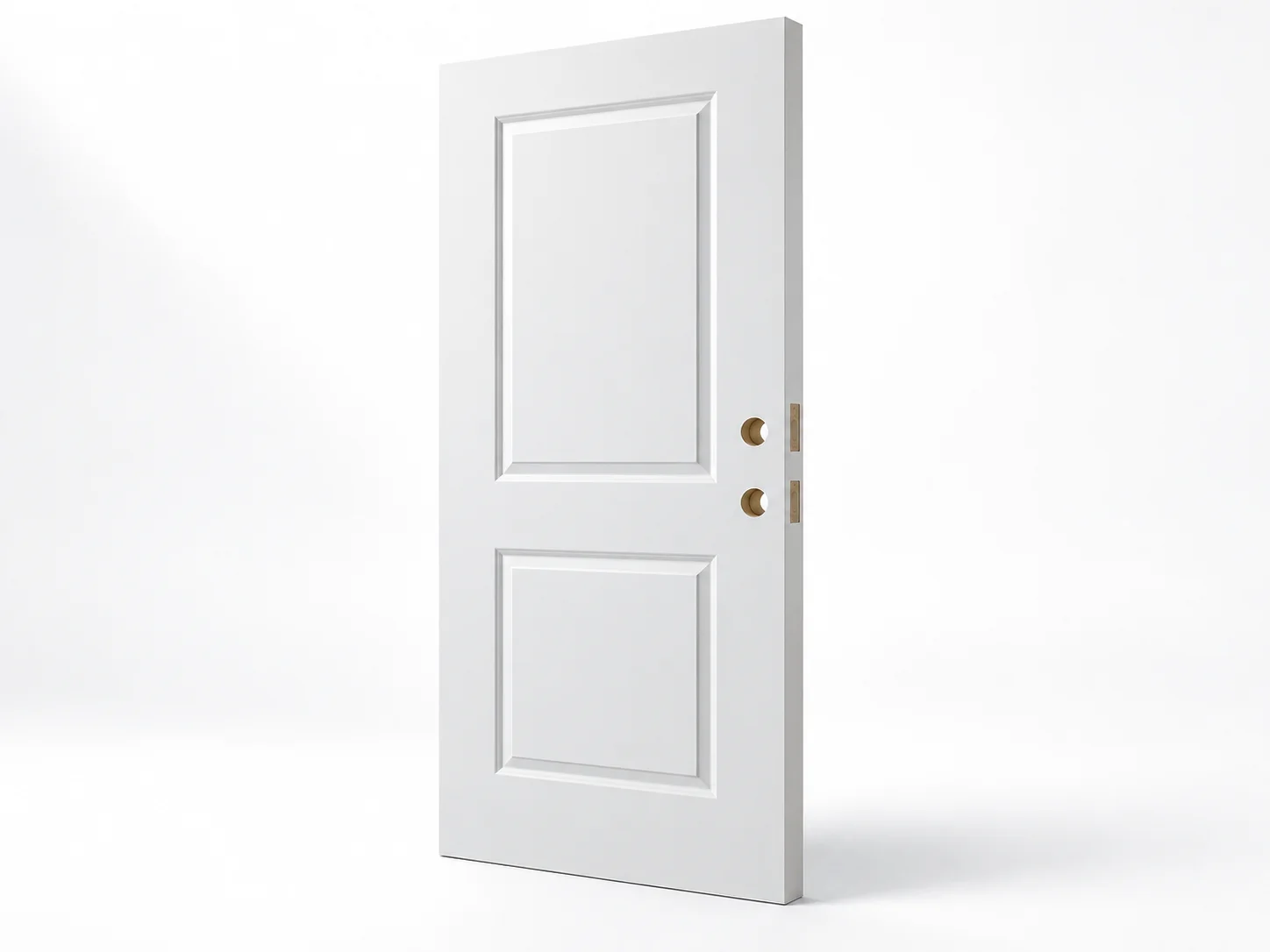 Standalone white panelled door slab showing its thickness and lock preparation, without a jamb frame.