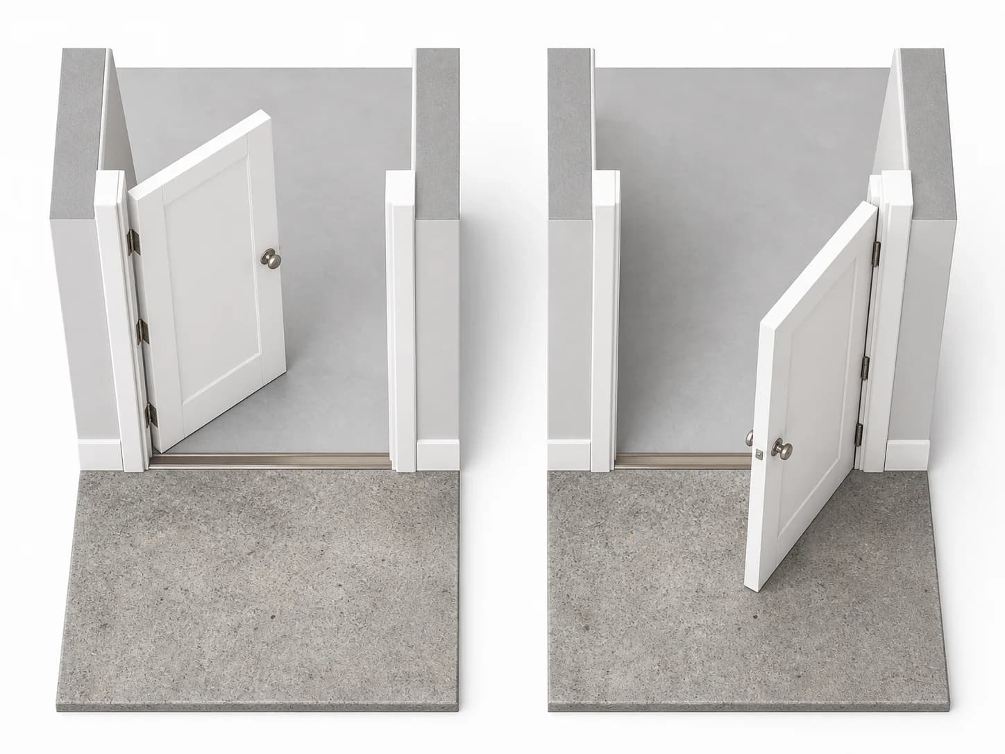 Two doorway models viewed from above, comparing a door swinging inward with one swinging outward.
