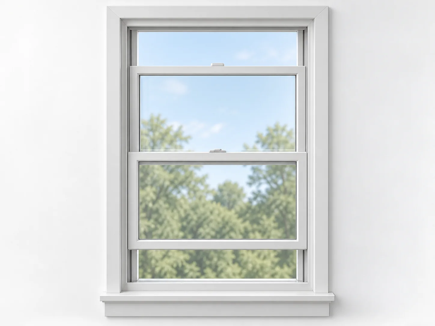 Double-hung window with the upper sash lowered and lower sash raised, leaving openings at both ends.