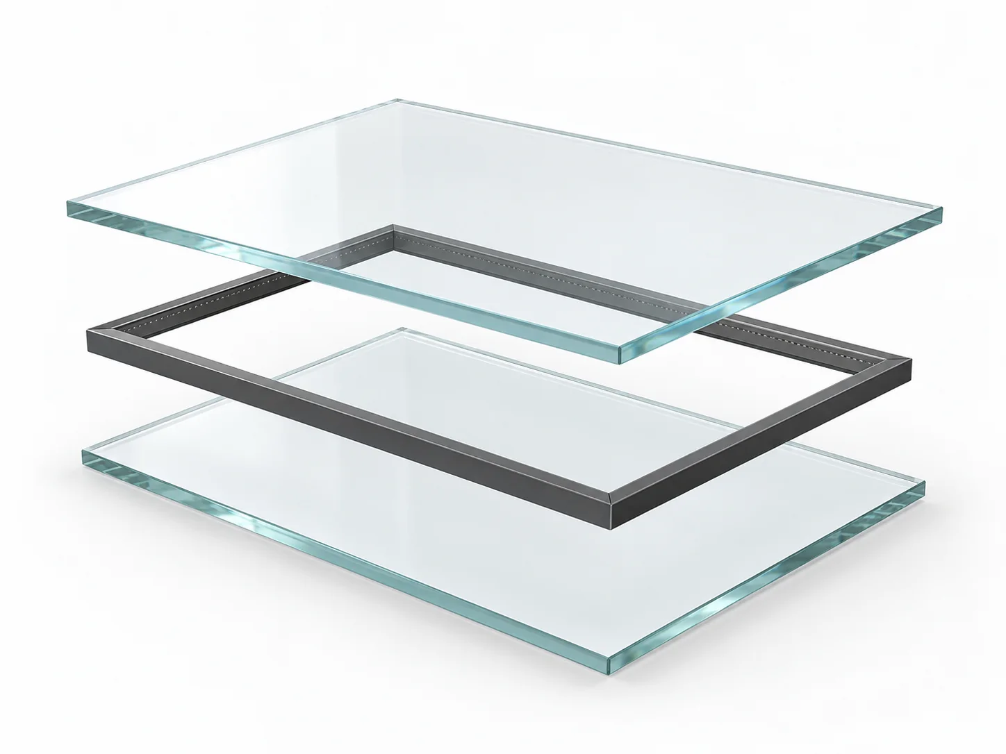 Exploded double-glazing assembly with two glass panes and one spacer ring between them.