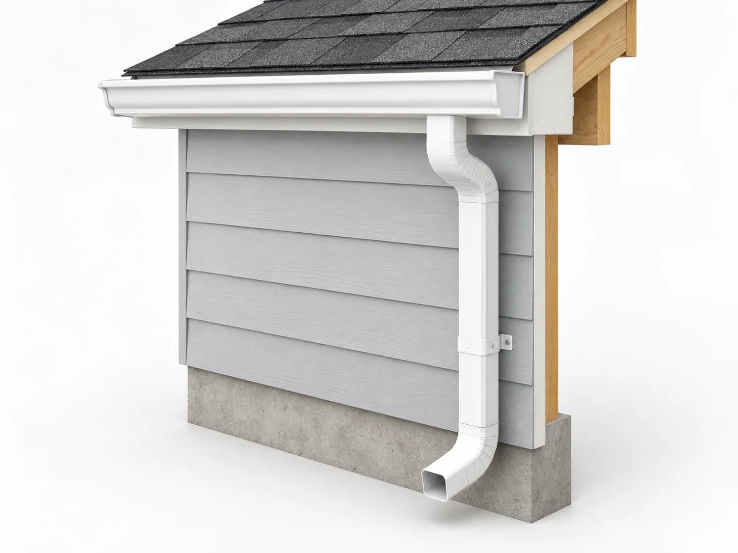 Gutter connected to a rectangular downspout with offset elbows and an outward-facing discharge.