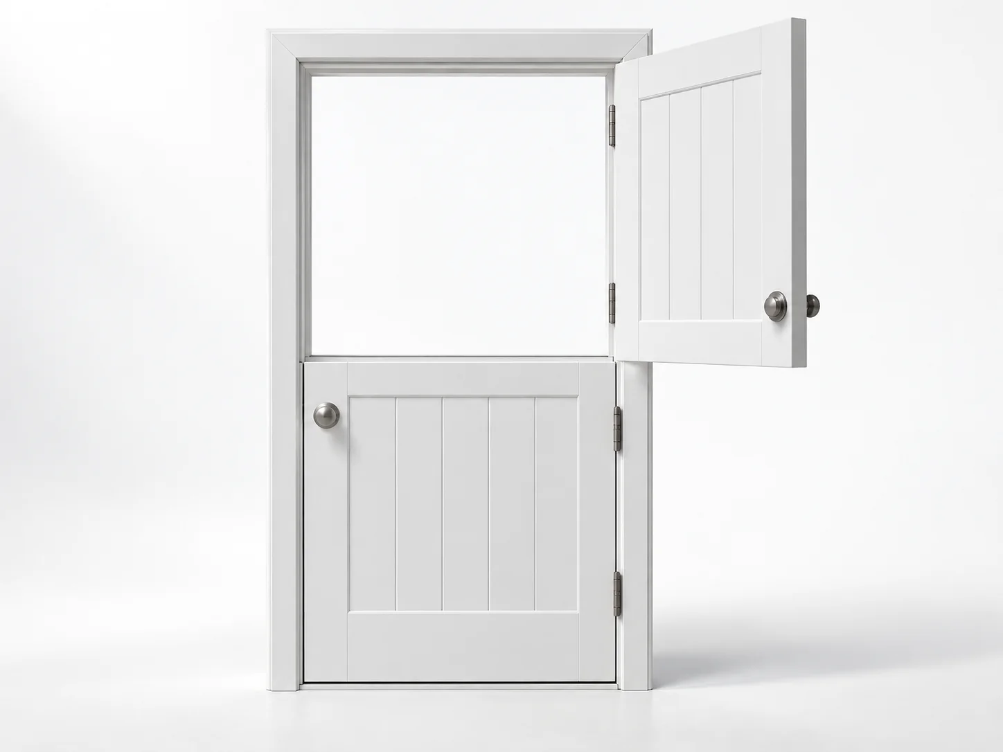 White door divided horizontally, with its upper half open and lower half closed.