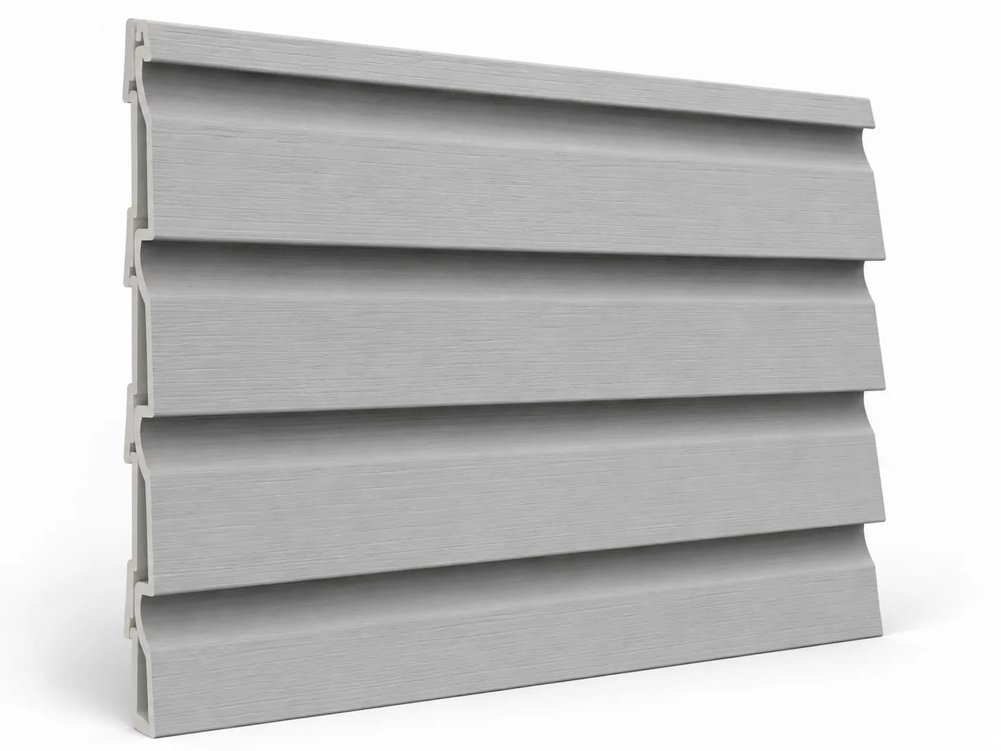 Horizontal Dutch-lap siding courses with recessed curved bevels and pronounced shadow lines.