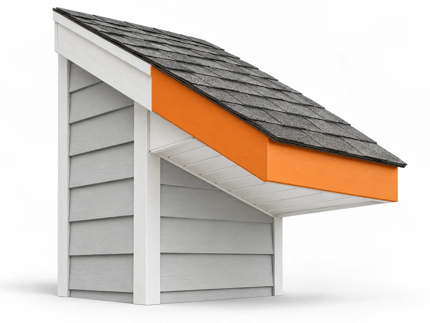 Roof-edge illustration highlighting the outward-facing fascia board in orange while the underside soffit remains white.