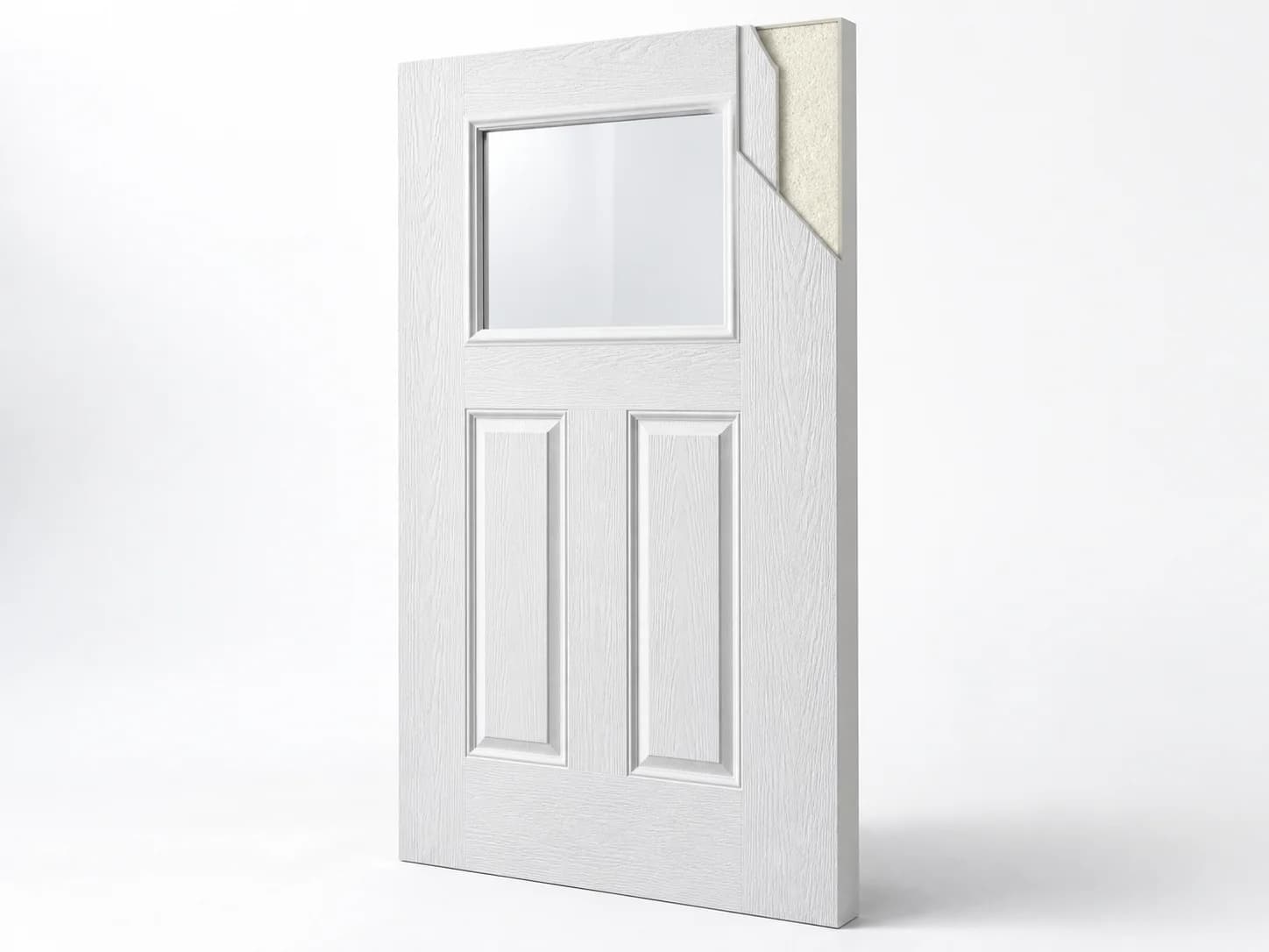 White woodgrain-textured fibreglass door with a corner cutaway exposing its insulating core.