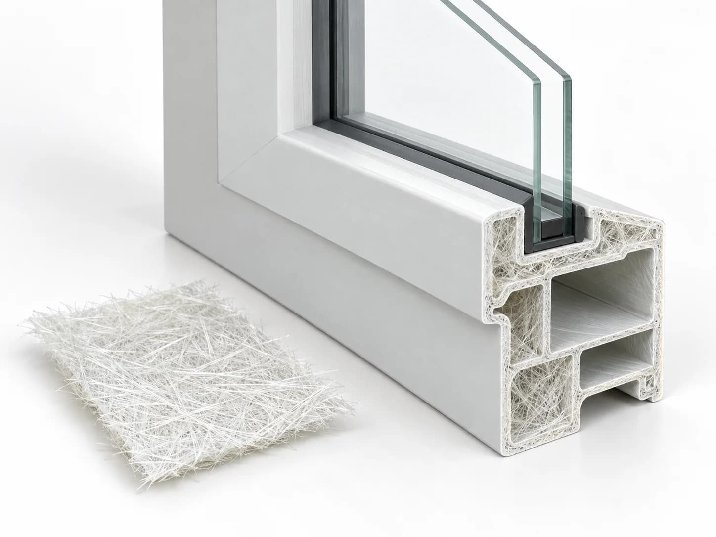 Fibreglass window-profile cutaway with visible reinforcing fibres and a small fibre-mat sample.