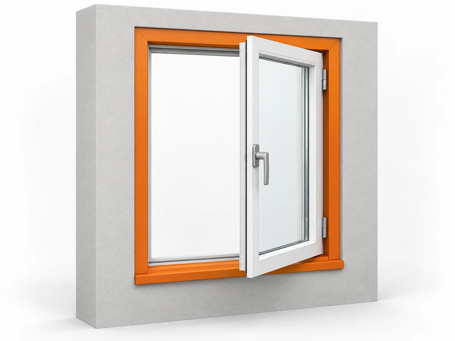 Illustration highlighting the fixed outer window frame in orange while the open sash remains white.